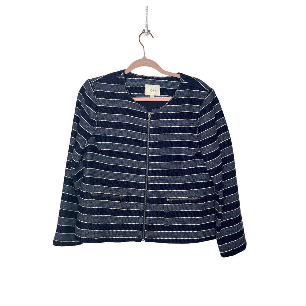 Ann Taylor Loft Blue White Stripe Front Zipper Up Jacket Blazer Coat Size 10